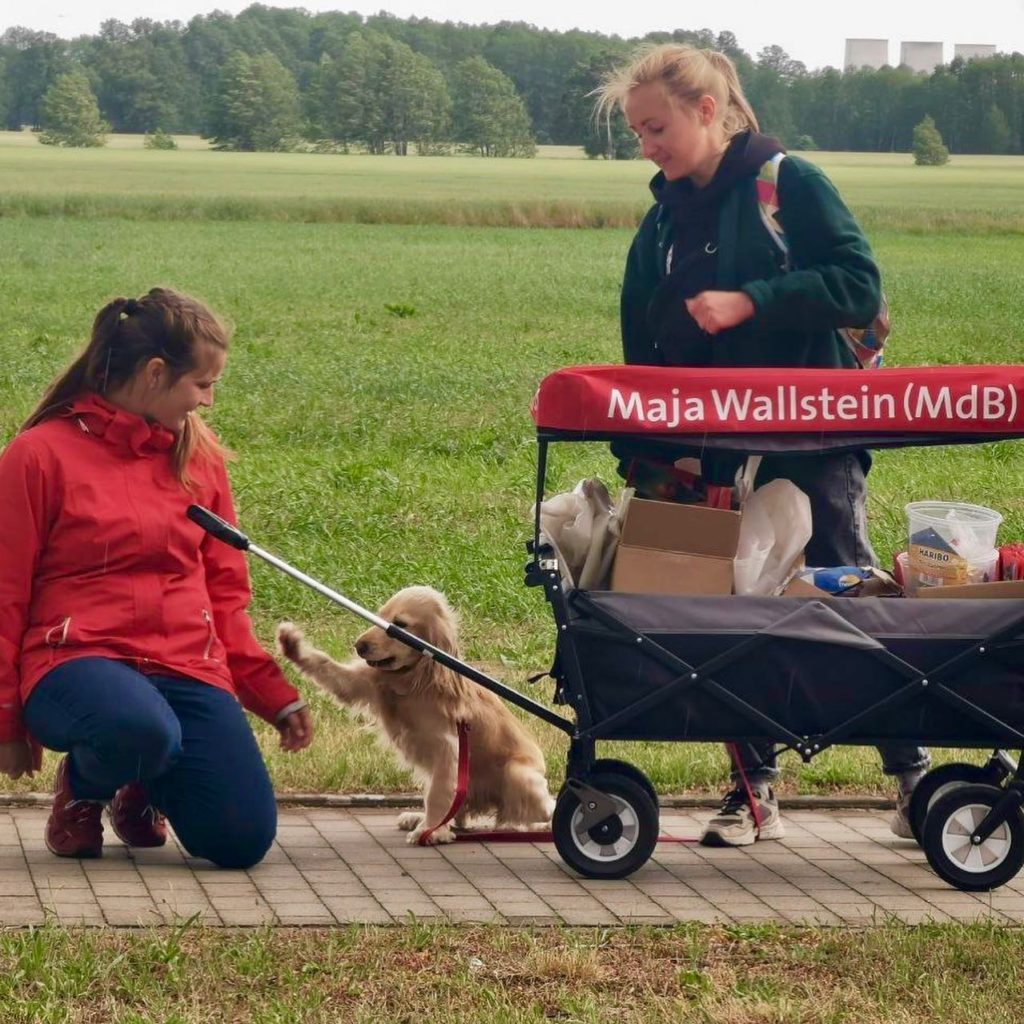 Frau Wallstein wird von einem kleinen Hund durch dessen Pfote begrüßt. Ebenfalls im Bild steht die Besitzerin des Hundes.