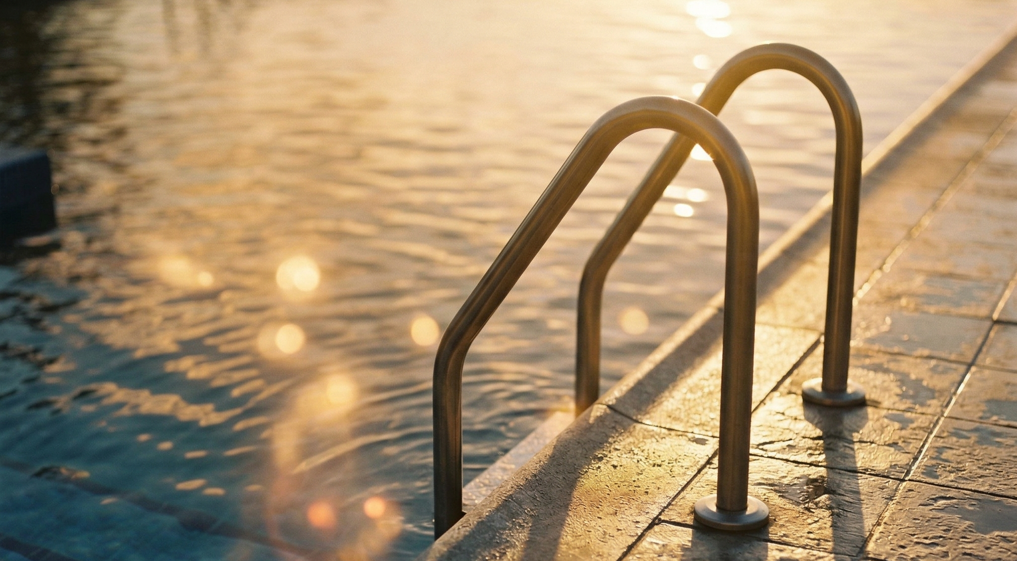 Schwimmbadleiter und Schwimmbecken im Sonnenuntergang (Foto KI-generiert)